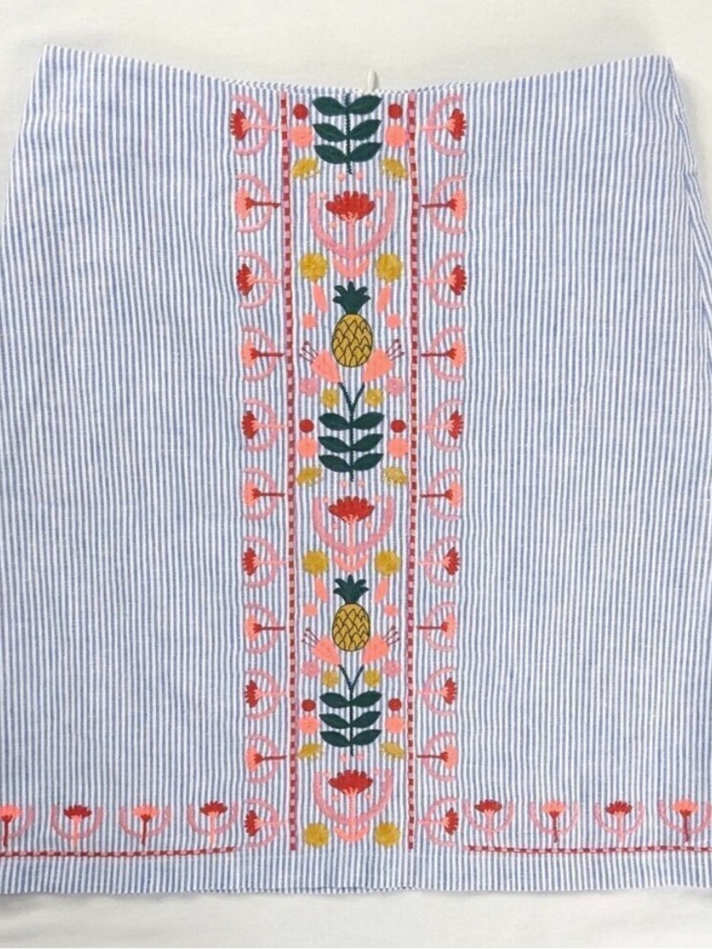 Boden Blue & White Striped Mini Skirt with Coral and Mustard Embroidery